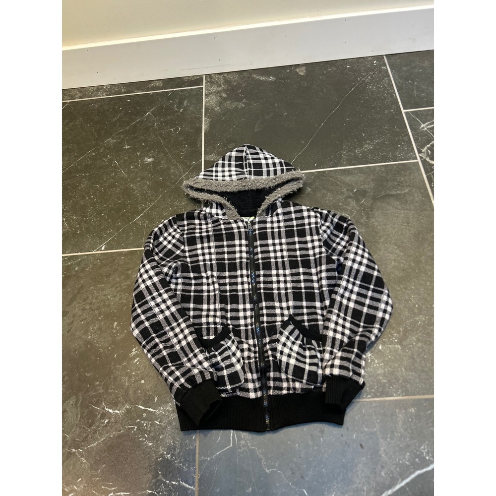 Live To Be Spoiled Plaid Zip Up Hoodie Faux Fur Trim Fleece Lined Black White M